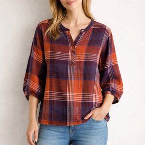 Garnet Hill Organic-Cotton Plaid Popover in a purple and rust colorway Size 6